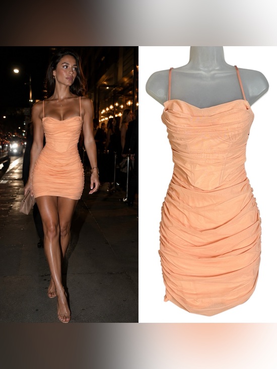 Oh Polly Dresses & Skirts - Oh Polly Peach Ruched Bodycon Mini Dress | Corset Mesh Going Out Party Dress